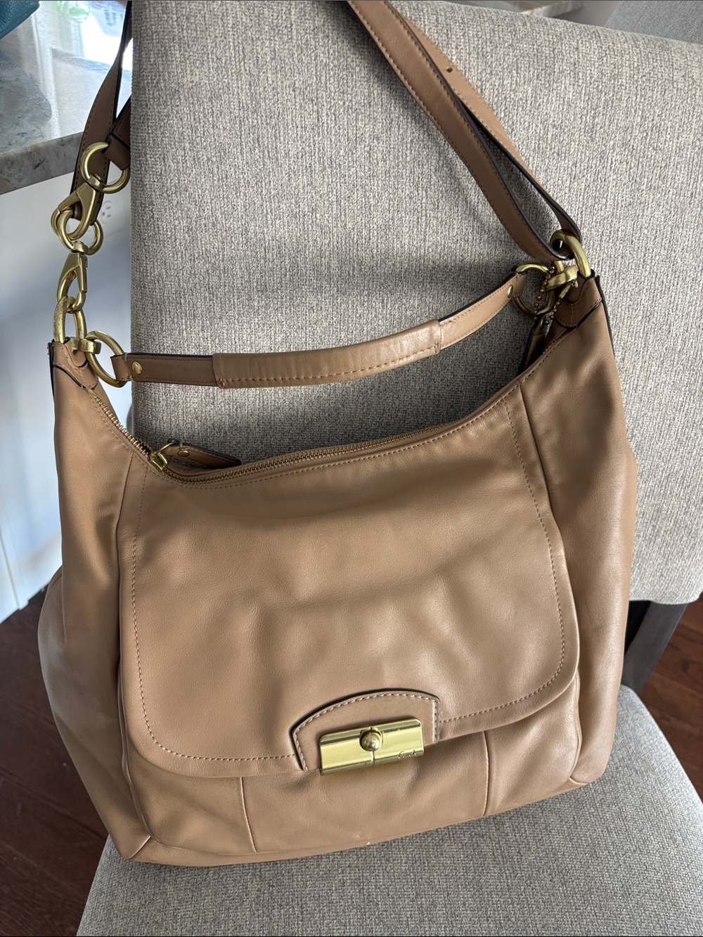Coach Tan Leather Shoulder Bag with Gold Hardware